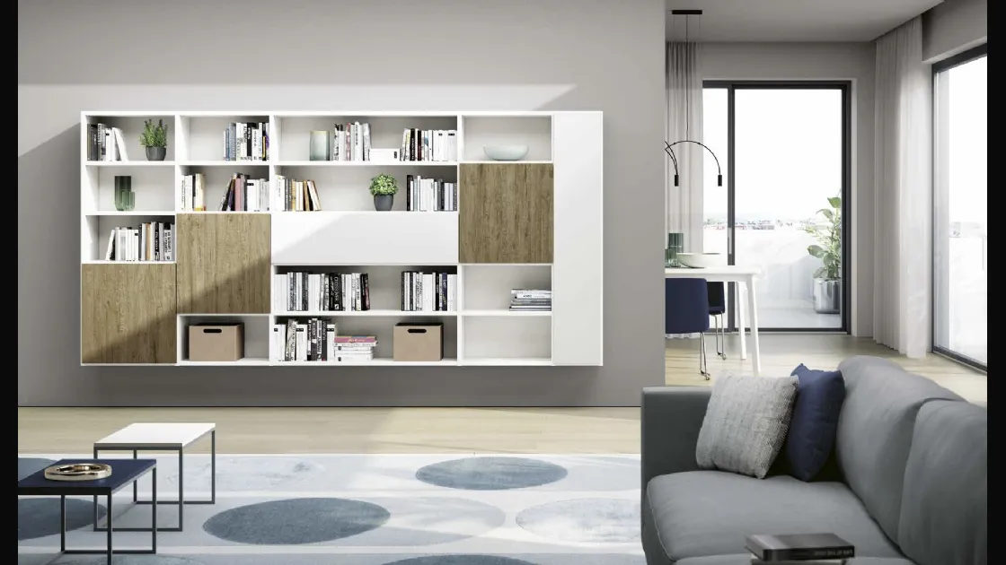 Libreria sospesa Living 845 in laccato Bianco e melaminico Rovere nodato di Spagnol Mobili