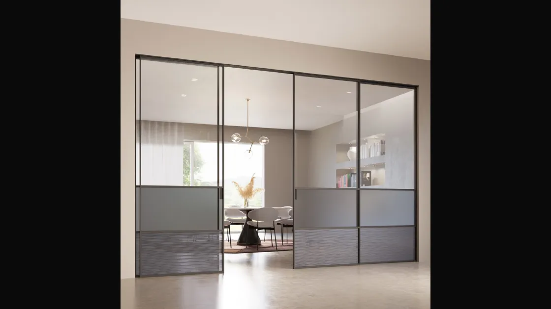Porta per interni Scenario Delineo Industrial1 con cristallo trasparente, satinato Grigio e strip trasparente Grigio di Ferrero Legno