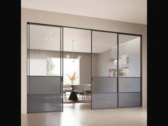 Porta per interni Scenario Delineo Industrial1 con cristallo trasparente, satinato Grigio e strip trasparente Grigio di Ferrero Legno
