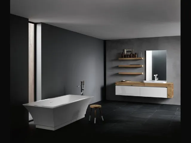 Mobile da Bagno sospeso con piano in legno di rovere e frontali in laccato bianco lucido INK NK13 Compab