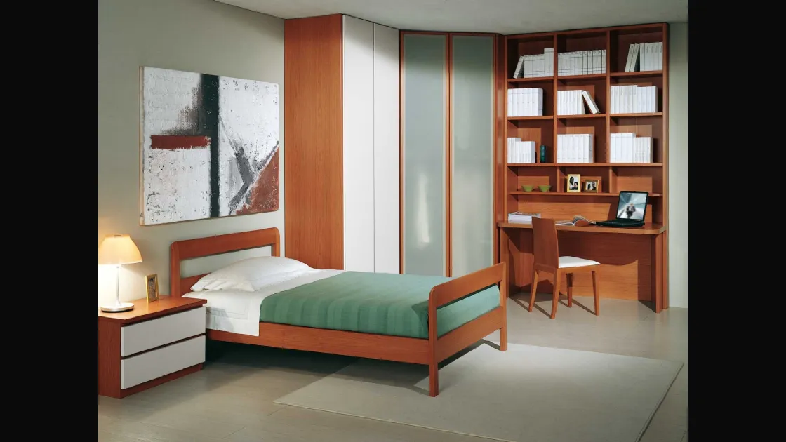 Cameretta componibile Camere composizione 07 con armadio angolare e scrivania con libreria di Fratelli Elli