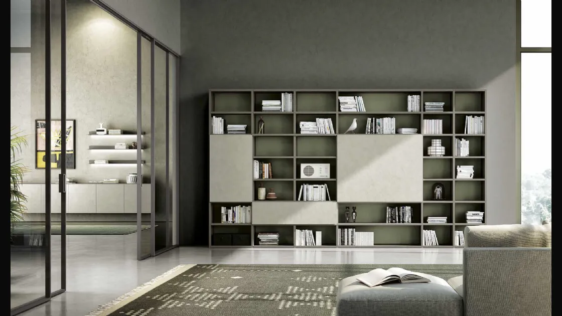 Libreria a muro Living 831 in laccato opaco e fimitura materica di Spagnol Mobili