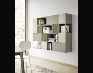 Libreria sospesa Living 856 Nordic in laccato, melaminico Noce e materico Touch Madreperla di Spagnol Mobili