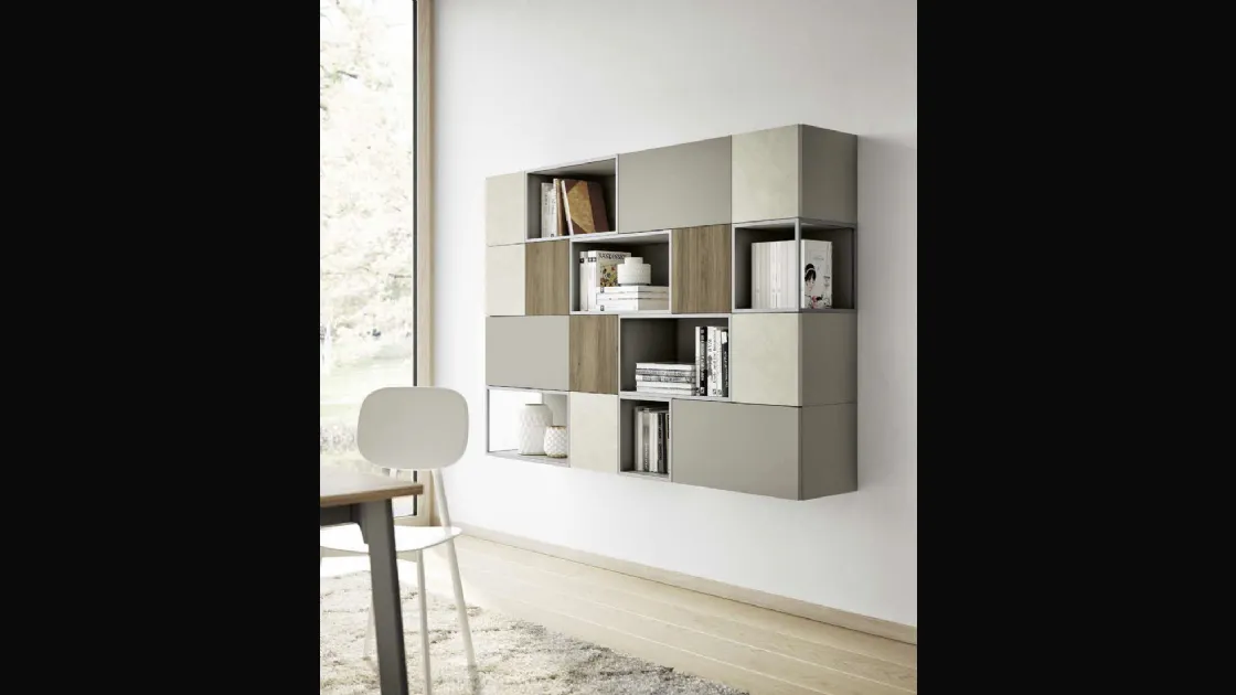 Libreria sospesa Living 856 Nordic in laccato, melaminico Noce e materico Touch Madreperla di Spagnol Mobili