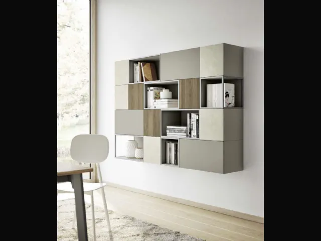 Libreria sospesa Living 856 Nordic in laccato, melaminico Noce e materico Touch Madreperla di Spagnol Mobili