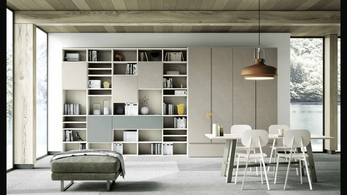 Libreria a muro Living 858 in materico Touch Sabbia, melaminico Noce Sider e laccato opaco Giada di Spagnol Mobili