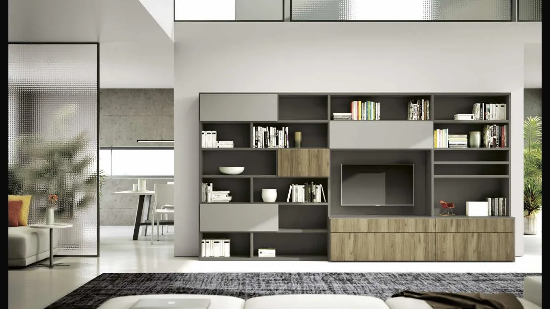 Parete Attrezzata Living 844 in laccato opaco e melaminico Rovere nodato di Spagnol Mobili