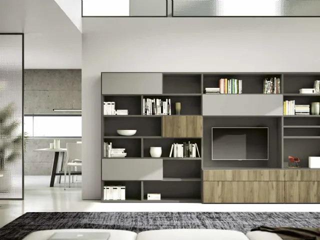 Parete Attrezzata Living 844 in laccato opaco e melaminico Rovere nodato di Spagnol Mobili