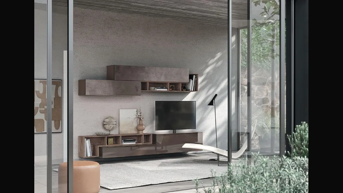 Parete Attrezzata Composizione Horizon 904 in legno, laccato lucido e materico di Mobilgam