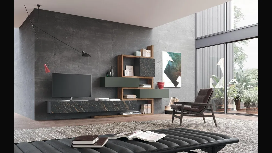 Parete Attrezzata Composizione Horizon 931 in laccato opaco, legno e laminato di Mobilgam
