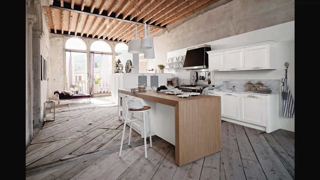 Cucina Classica lineare in legno laccato bianco con top in marmo Asolo 01 di Dibiesse
