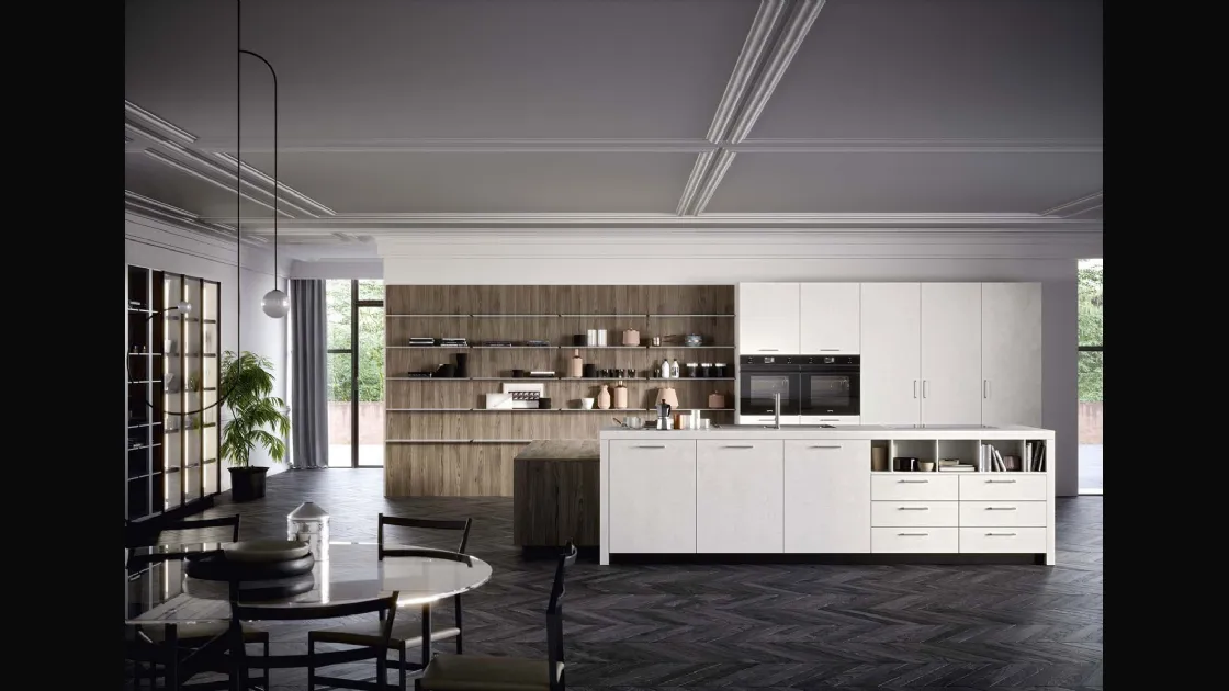 Cucina Moderna con isola Spring maniglia 02 in melaminico finitura Calce bianca e effetto legno di Dibiesse