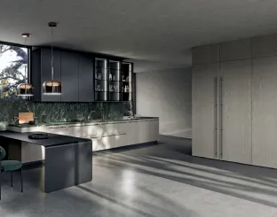 Cucina Moderna con penisola Filo 03 in Rovere polvere e laccato Nero con top in marmo Verde Alpi di Dibiesse